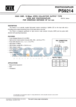 PS9214-F4-A datasheet - HIGH CMR, 10 Mbps OPEN COLLECTOR OUTPUT TYPE 5-PIN SOP PHOTOCOUPLER FOR CREEPAGE DISTANCE OF 5.5 mm