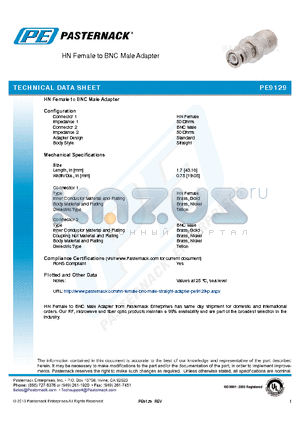 PE9129 datasheet - HN Female to BNC Male Adapter