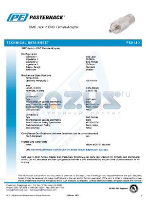PE9140 datasheet - SMC Jack to BNC Female Adapter