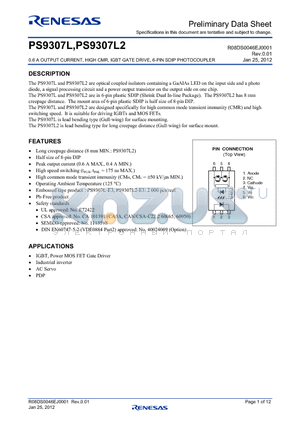 PS9307L2 datasheet - 0.6 A OUTPUT CURRENT, HIGH CMR, IGBT GATE DRIVE, 6-PIN SDIP PHOTOCOUPLER