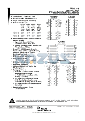 SMJ4C1024-12HJ datasheet - 1048576 BY 1-BIT DYNAMIC RANDOM-ACCESS MEMORY