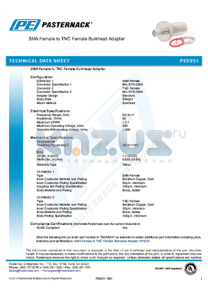 PE9251 datasheet - SMA Female to TNC Female Bulkhead Adapter