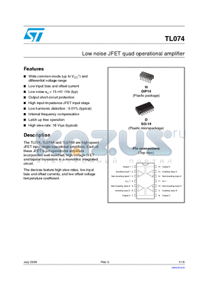 TL074 datasheet - Low noise JFET quad operational amplifier