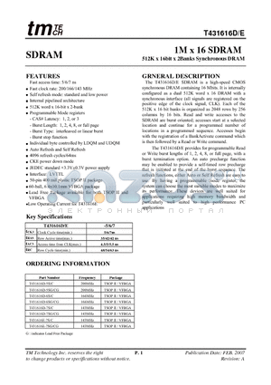 T431616D-7CG datasheet - 1M x 16 SDRAM 512K x 16bit x 2Banks Synchronous DRAM