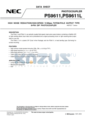 PS9611 datasheet - HIGH NOISE REDUCTION/HIGH-SPEED 10 Mbps, TOTEM-POLE OUTPUT TYPE 8-PIN DIP PHOTOCOUPLER