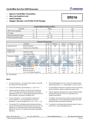 SR316 datasheet - 316.80 MHz One-Port SAW Resonator