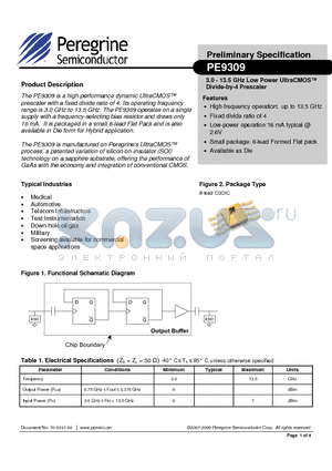 PE9309-01 datasheet - 3.0 - 13.5 GHz Low Power UltraCMOS Divide-by-4 Prescaler