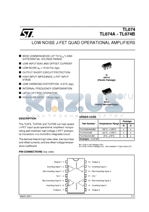 TL074AI datasheet - LOW NOISE J-FET QUAD OPERATIONAL AMPLIFIERS