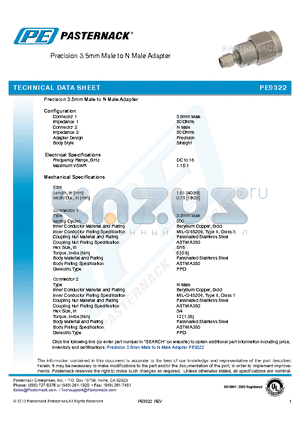 PE9322 datasheet - Precision 3.5mm Male to N Male Adapter