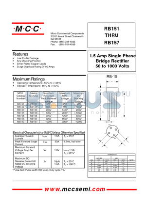 RB151 datasheet - 1.5 Amp Single Phase Bridge Rectifier 50 to 1000 Volts