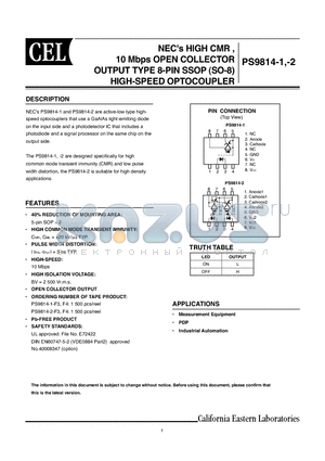 PS9814-1 datasheet - HIGH CMR, 10 Mbps OPEN COLLECTOR OUTPUT TYPE 8-PIN SSOP (SO-8) HIGH-SPEED OPTOCOUPLER