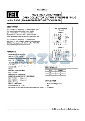 PS9817-1-V-F4 datasheet - NECs HIGH CMR, 10Mbps OPEN COLLECTOR OUTPUT TYPE 8-PIN SSOP (SO-8) HIGH-SPEED OPTOCOUPLER