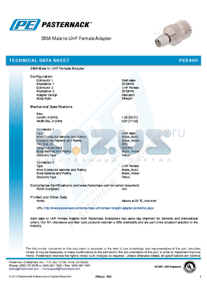 PE9400 datasheet - SMA Male to UHF Female Adapter