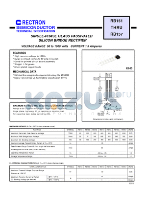 RB153 datasheet - SINGLE-PHASE GLASS PASSIVATED SILICON BRIDGE RECTIFIER (VOLTAGE RANGE 50 to 1000 Volts CURRENT 1.5 Amperes)