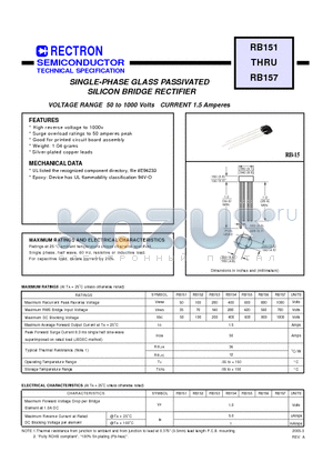 RB153 datasheet - SINGLE-PHASE GLASS PASSIVATED SILICON BRIDGE RECTIFIER