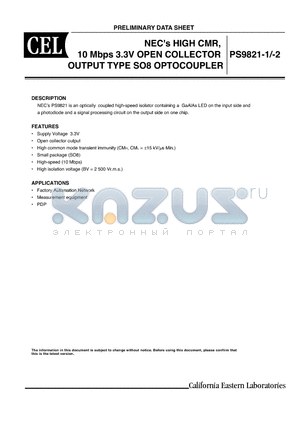 PS9821-2 datasheet - HIGH CMR, 10 Mbps 3.3V OPEN COLLECTOR OUTPUT TYPE SO8 OPTOCOUPLER