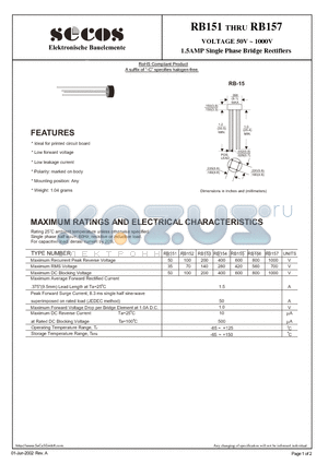 RB153 datasheet - VOLTAGE 50V ~ 1000V 1.5AMP Single Phase Bridge Rectifiers