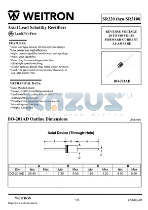 SR340 datasheet - Axial Lead Schottky Rectifiers