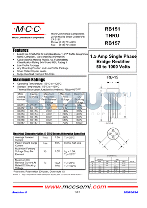 RB153 datasheet - 1.5 Amp Single Phase Bridge Rectifier 50 to 1000 Volts