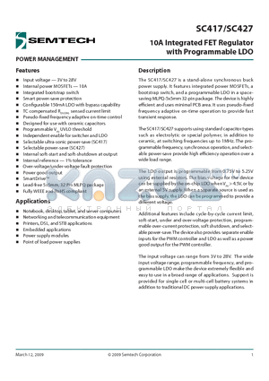 SC417 datasheet - 10A Integrated FET Regulator with Programmable LDO