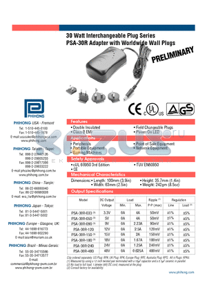 PSA-30R-050 datasheet - 30 Watt Interchangeable Plug Series