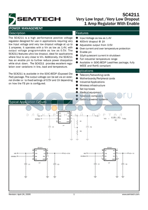 SC4211EVB datasheet - Very Low Input /Very Low Dropout 1 Amp Regulator With Enable