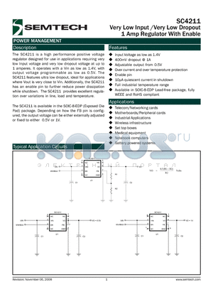 SC4211EVB datasheet - Very Low Input /Very Low Dropout 1 Amp Regulator With Enable