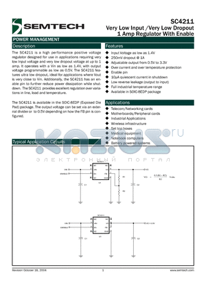 SC4211STRT datasheet - Very Low Input /Very Low Dropout 1 Amp Regulator With Enable