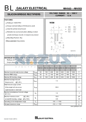 RB156G datasheet - SILICON BRIDGE RECTIFIERS