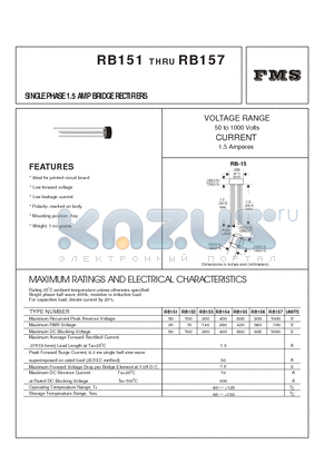 RB157 datasheet - SINGLE PHASE 1.5 AMP BRIDGE RECTIFIERS