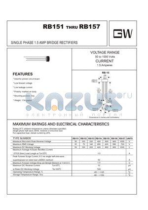 RB157 datasheet - SINGLE PHASE 1.5 AMP BRIDGE RECTIFIERS