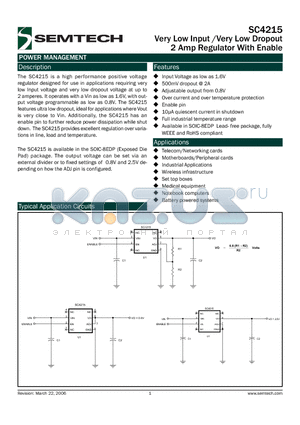 SC4215EVB datasheet - Very Low Input /Very Low Dropout 2 Amp Regulator With Enable