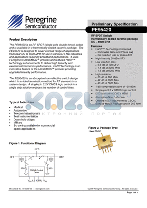 PE95420 datasheet - RF SPDT Switch Hermetically sealed ceramic package DC - 8500 MHz