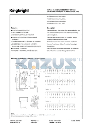 PSA05-12SRWA datasheet - 12.7mm(0.5inch) 16 SEGMENT SINGLE DIGIT ALPHANUMERIC DISPLAYS