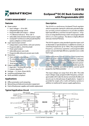 SC418 datasheet - EcoSpeedTM DC-DC Buck Controller with Programmable LDO