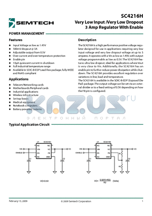 SC4216HSETRT datasheet - Very Low Input /Very Low Dropout 3 Amp Regulator With Enable