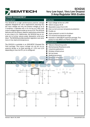 SC4216 datasheet - Very Low Input /Very Low Dropout 3 Amp Regulator With Enable
