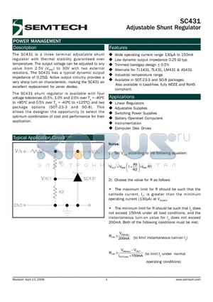 SC431CS-1.TRT datasheet - Adjustable Shunt Regulator