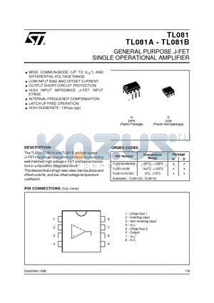 TL081AMD datasheet - GENERAL PURPOSE J-FET SINGLE OPERATIONAL AMPLIFIER