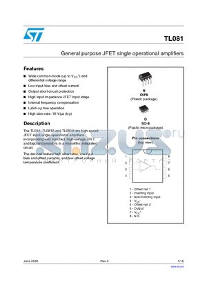 TL081AID datasheet - General purpose JFET single operational amplifiers