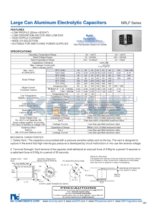 NRLF101M200V30X20F datasheet - Large Can Aluminum Electrolytic Capacitors