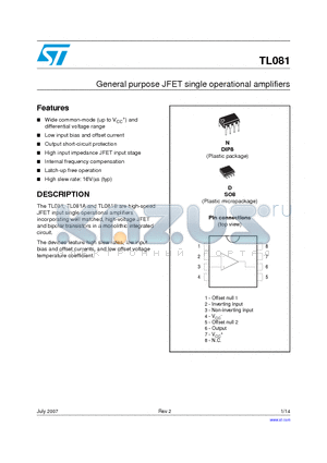 TL081BCN datasheet - GENERAL PURPOSE J-FET SINGLE OPERATIONAL AMPLIFIER