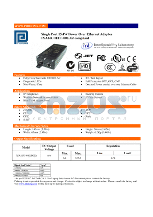 PSA16U-480 datasheet - Single Port 15.4W Power Over Ethernet Adapter