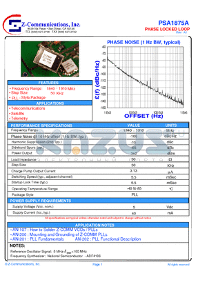 PSA1875A datasheet - LOW COST - HIGH PERFORMANCE PHASE LOCKED LOOP