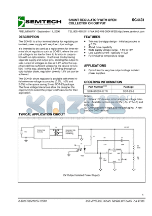 SC4431CSK-1TR datasheet - SHUNT REGULATOR WITH OPEN COLLECTOR OR OUTPUT