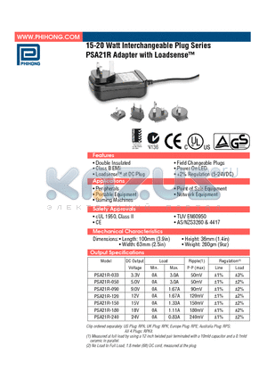 PSA21R-180 datasheet - 15-20 Watt Interchangeable Plug Series