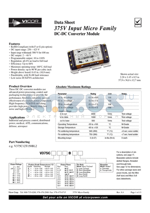 V375C12C75BG2 datasheet - 375V Input Micro Family DC-DC Converter Module