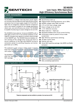 SC4609EVB datasheet - Low Input, MHz Operation, High Efficiency Synchronous Buck