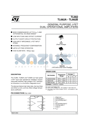 TL082A datasheet - GENERAL PURPOSE J-FET DUAL OPERATIONAL AMPLIFIERS