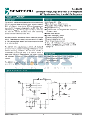 SC4620 datasheet - Low Input Voltage, High Efficiency, 2.5A Integrated FET Synchronous Step down DC/DC Regulator